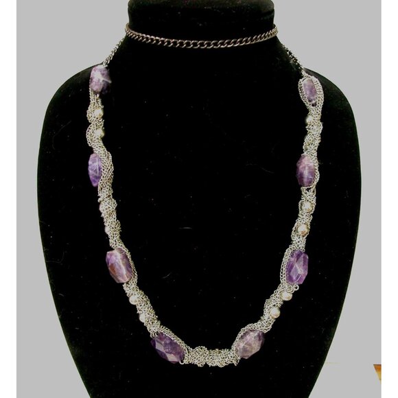 Amethyst & Silver Chain Necklace With Faux Pearl Accents - Picture 1 of 4